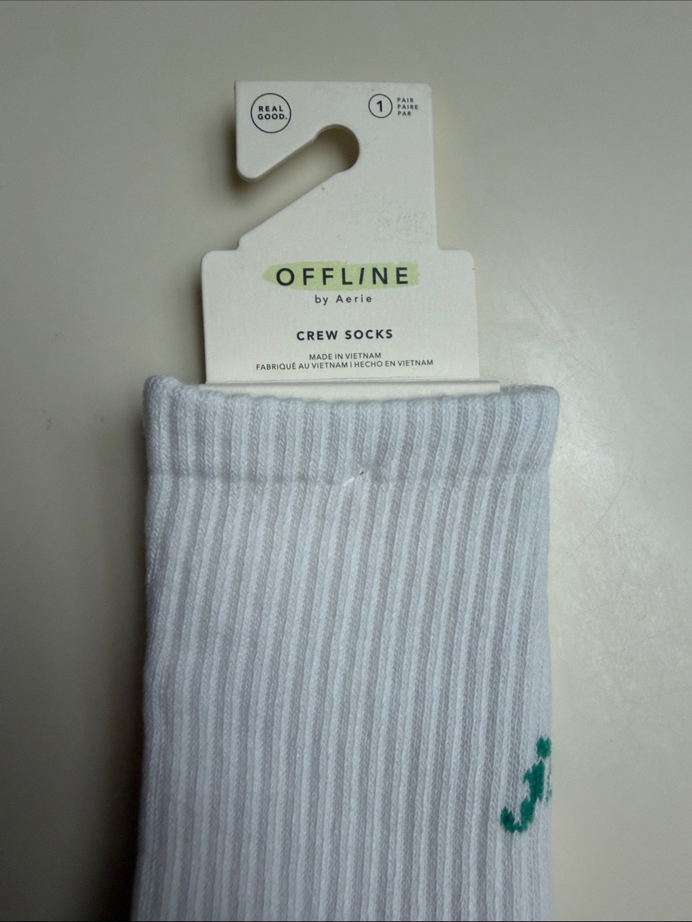 Offline by Aerie White Crew Socks with Green Logo Detail